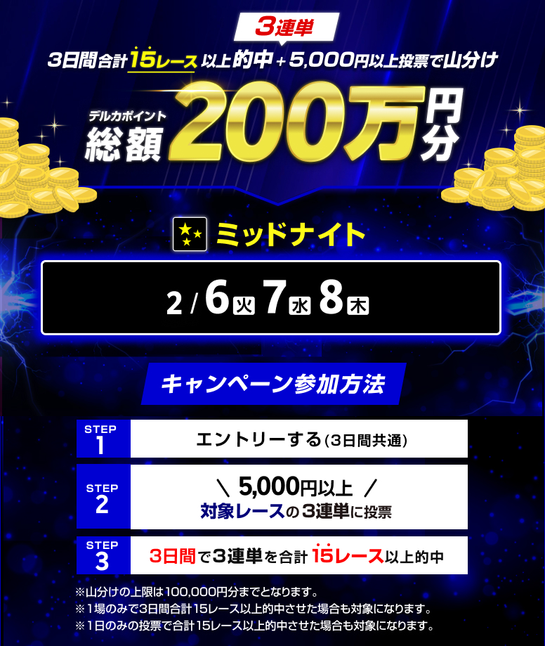 2/6(火)～2/8(木)】ミッドナイト3連単的中で200万円分山分け！ | 競輪