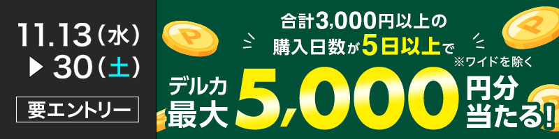 購入日数によって当せん確率アップ！1,000名様にデルカポイント最大5,000円分！（2024年11月）_楽天競輪_Kドリームス