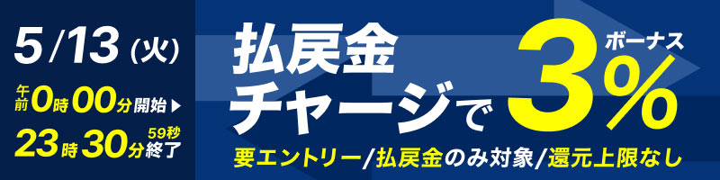 【5/13(火)】払戻金からのチャージでデルカポイント3％還元！_楽天競輪_Kドリームス