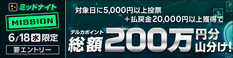 【6月18日(水)限定】ミッドナイトで払戻金合計2万円達成で200万円分山分け！_楽天競輪_Kドリームス