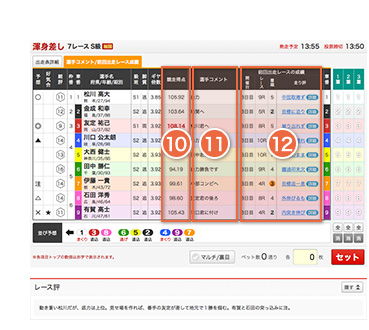 選手コメント/前回出走レース成績の画面