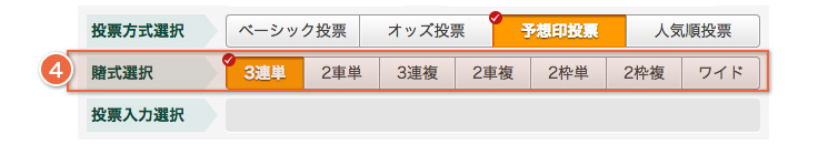 予想印投票の賭式選択の画面